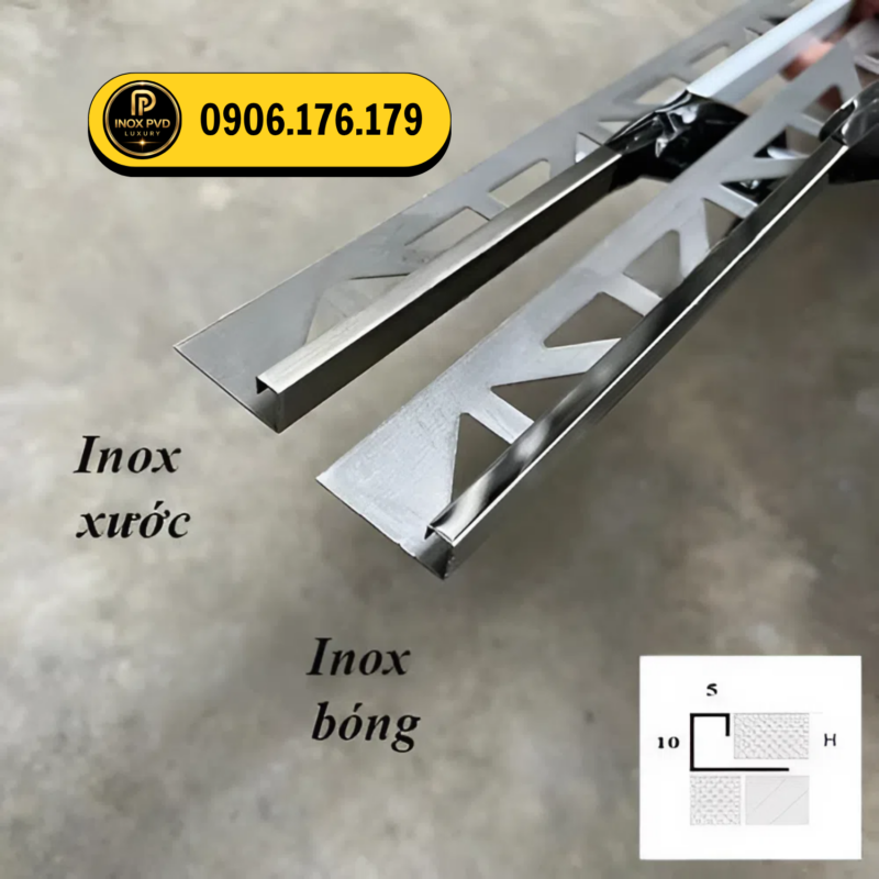 Nẹp inox chặn đầu gạch dùng che cạnh cắt và hoàn thiện đầu mảng gạch, tạo đường viền đẹp cho các bề mặt ốp lát.